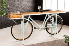 Retro Konsolentisch BICYCLE 190cm salbei natur Mangoholz Fahrrad Bartisch Upcycling
