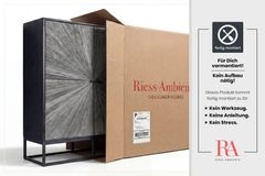 Massives Highboard BARRACUDA 120cm grau Mangoholz mit Teakholz-Front schwarz Metall