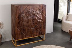 Massives Highboard LION 120cm braun Mangoholz gold Metall 3D Schnitzereien Kunstwerk