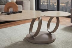 Design Couchtisch DANCING RINGS natur rund drehbar Travertin Keramik champagner greige