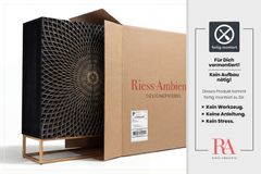 Design Highboard ILLUSION 120cm schwarz Mangoholz Massivholz mit 3D Schnitzereien gold Eisen Metallgestell