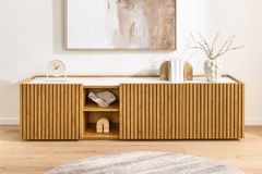 Design Lowboard VICENZA 180cm weiß Keramik natur Eiche Lamellenfront