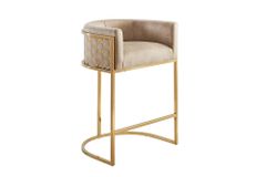 Stilvoller Barhocker ELEGANCE cappuccino Samt gold Edelstahl mit Armlehne und Fußablage