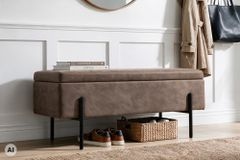 Truhenbank LOFT 100cm antik taupe Microfaser Sitzbank mit Stauraum Metall schwarz