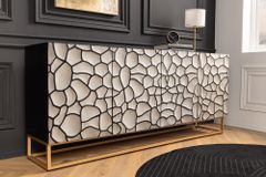 Massivholz Sideboard VULCANO 180cm weiß schwarz Mangoholz mit 3D Schnitzereien handmade Metallgestell gold
