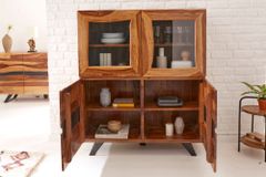 Massives Highboard AMAZONAS 140cm braun Sheeshamholz Vitrine mit Baumkante