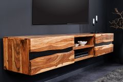 Hängendes TV-Lowboard AMAZONAS 160cm braun Sheesham Massivholz Baumkante Metall schwarz