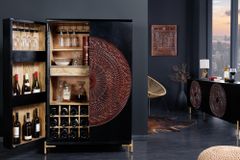 Massiver XXL Barschrank MANDALA 140cm Mangoholz schwarz gold Metallgestell Schnitzerei