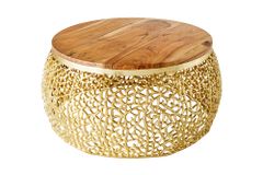 Runder Couchtisch ABSTRACT LEAF 75cm gold Metall massiv Akazienholz filigrane Handarbeit
