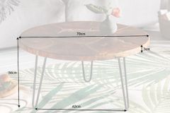 Runder Massivholz Couchtisch MOSAIK 70cm natur Teak Hairpin Legs schwarz Metall handmade