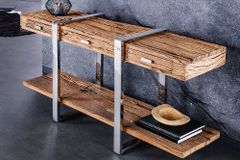 Massivholz Konsolentisch BARRACUDA 140cm braun Teakholz silber Edelstahl verchromt mit Schubladen