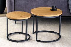 Runde Beistelltische 2er Set ELEGANCE 45cm natur Wildeiche-Design Holz schwarzes Metallgestell