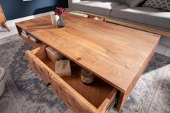 Massivholz Couchtisch MYSTIC LIVING 100cm natur Akazie mit Stauraum Schubladen Ablagefach