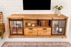 Massives Lowboard HERITAGE 160cm natur Pinie Industrial-Türen Metall Vitrine