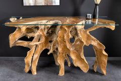 Massiver Konsolentisch ROOT 150cm natur Teak Massivholz aus Wurzelholz Glasplatte
