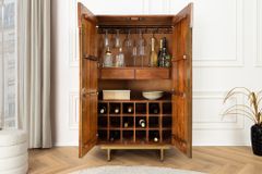 Massiver Barschrank GATSBY 140cm braun Mangoholz gold Metallgestell Retro