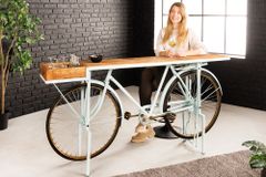 Retro Konsolentisch BICYCLE 190cm salbei natur Mangoholz Fahrrad Bartisch Upcycling
