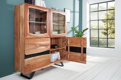 Massives Highboard AMAZONAS 140cm Akazie Metall Vitrine Baumkante