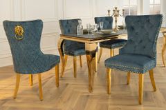 Barock Stuhl CASTLE DELUXE petrol Samt gold Edelstahl mit Löwenkopf Ziernieten