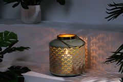 Deko Windlicht CANDLELIGHT 20cm beige-grün Metall handmade Laterne