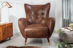 Retro Design Sessel DON antik braun goldene Fußkappen mit Federkern