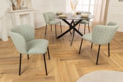 Design Stuhl LYON grün-rosa kariert Bouclé schwarze Metallbeine