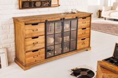 Massives Sideboard HERITAGE 150cm natur Pinienholz Industrial-Türen Metall Vitrine