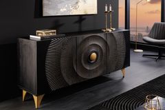Handgearbeitetes Sideboard GOLDEN SUNSET 140cm schwarz mit 3D Schnitzereien gold Mangoholz Metallbeine