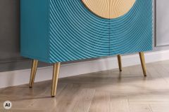 Massives Highboard AURUM 120cm türkis Mangoholz mit ikonischem Gold-Element