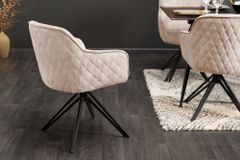 Drehbarer Design Stuhl EUPHORIA champagner greige Samt mit Armlehne Metallgestell schwarz
