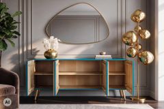 Massives Sideboard AURUM 180cm türkis Mangoholz mit ikonischem Gold-Element