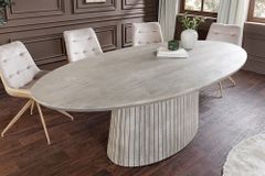 Ovaler Esstisch ART DECO 220cm smoke grau massives Mangoholz mit Säulenfuß