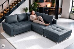 Moderne Wohnlandschaft KENT 220cm anthrazit Ecksofa Federkern inkl. Hocker und Kissen