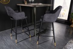 Design Barhocker PARIS grau Samt mit Lehne Metall schwarz gold Ziersteppung