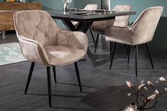 Design Stuhl MILANO champagner beige Samt mit Armlehne gepolstert schwarze Metallbeine