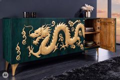 Massives Sideboard DRAGON 180cm türkis gold Mangoholz Metall 3D-Front handmade