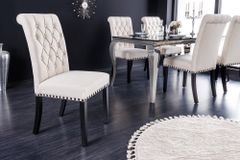 Design Stuhl CASTLE beige schwarz Strukturstoff Holzfüße Chesterfield