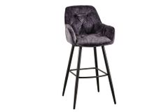 Design Barhocker MILANO grau Samt Barstuhl mit Lehne Metall schwarz Chesterfield-Steppung