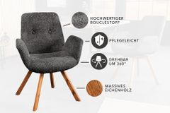 Drehbarer Design Stuhl BALTIC dunkelgrau Bouclé natur Eiche Massivholz mit Armlehne