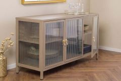 Modernes Sideboard AMSTERDAM 105cm greige gold Vitrine Schrank Riffelglas Metall