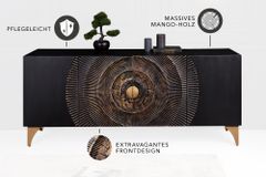 Handgearbeitetes Sideboard GOLDEN SUNSET 180cm schwarz mit 3D Schnitzereien gold Mangoholz Metallbeine
