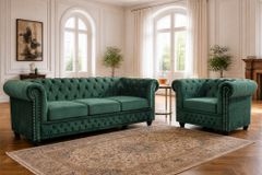 Barocker Sessel CHESTERFIELD flaschengrün Samt Federkern mit Knopfheftung