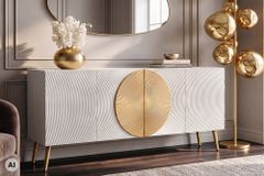 Massives Sideboard AURUM 180cm weiß Mangoholz mit ikonischem Gold-Element