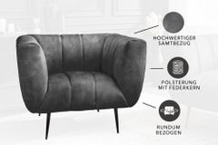 Retro Sessel NOBLESSE 105cm grau Samt schwarze Metallfüße Federkern Ziersteppung