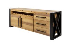 Massivholz Sideboard THOR 195cm braun Pinie mit Schubladen Weinregal Industrial Design