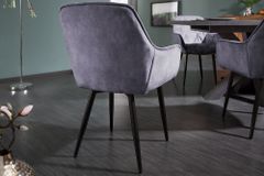 Design Stuhl MILANO grau Samt mit Armlehne Ziersteppung gepolstert schwarze Metallbeine