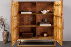 Massives Highboard LION 120cm braun Mangoholz gold Metall 3D Schnitzereien Kunstwerk