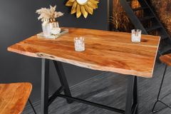 Massivholz Bartisch MAMMUT 120cm natur Akazie Baumkante Metall schwarz mit Fußablage