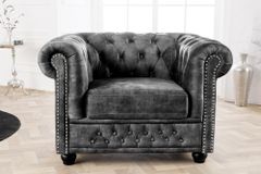 Barocker Sessel CHESTERFIELD grau Samt Federkern mit Knopfheftung