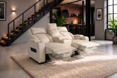 Elektrischer 2er Kinosessel HOLLYWOOD beige Kunstleder Relaxfunktion Getränkehalter
